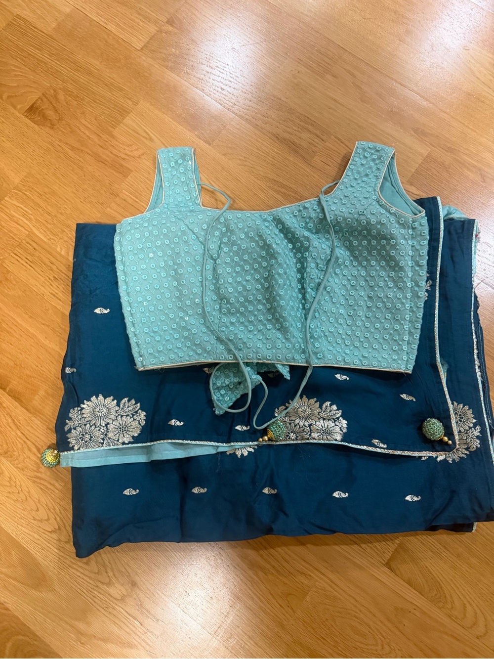 Light Teal Embroidered Blouse and Teal Saree Set
